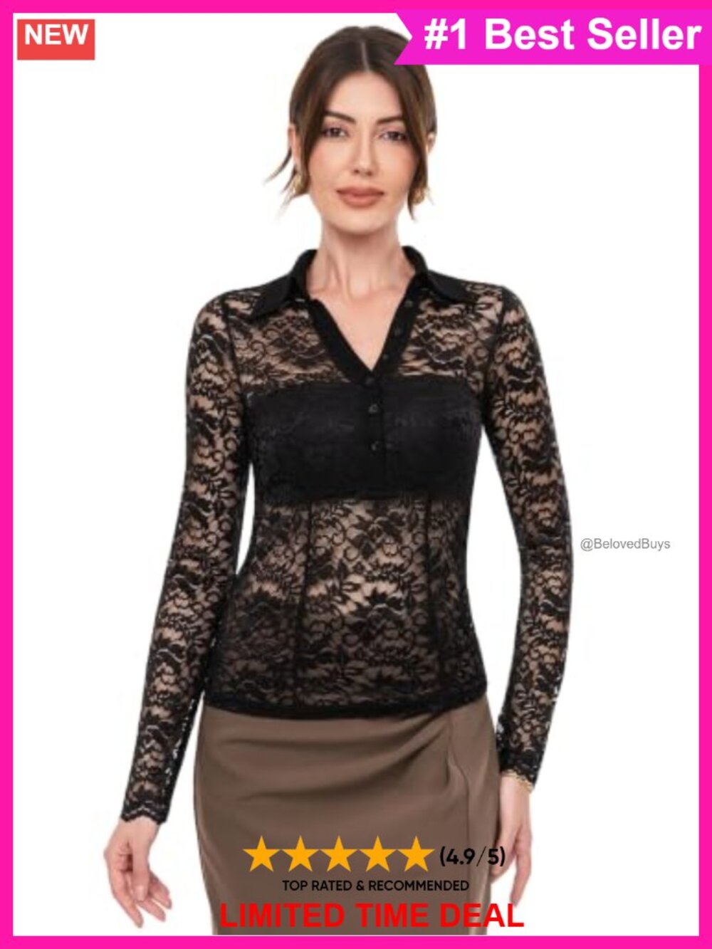 Floral Lace V Neck Polo Shirt Long Sleeve Slim Fit Casual Blouse